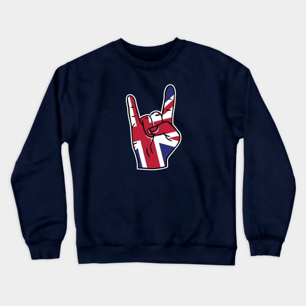 Rock On UK United Kingdom Union Jack Flag Rock Hand Crewneck Sweatshirt by Now Boarding